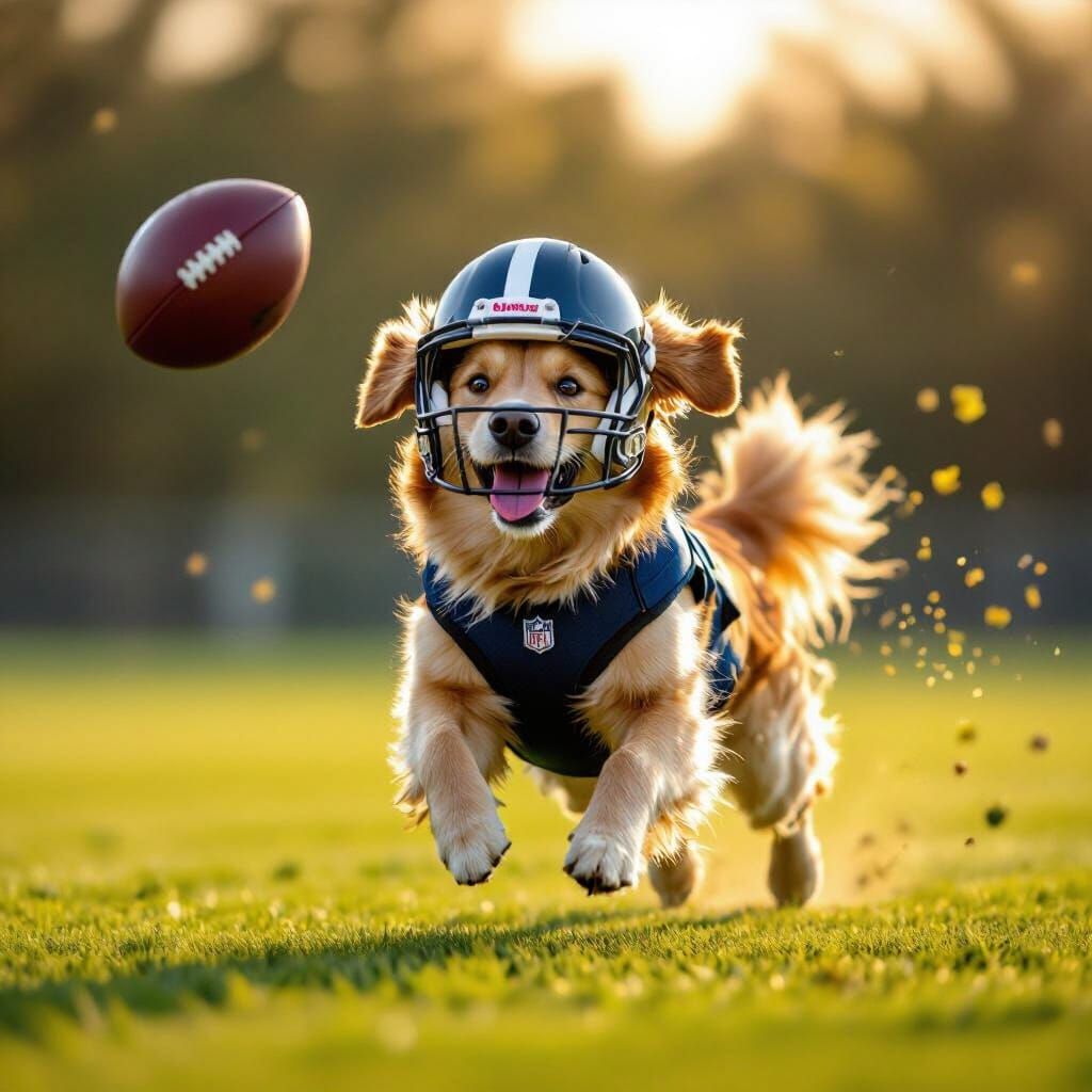Golden Retriever Plays Football in Whimsical Illustration St...