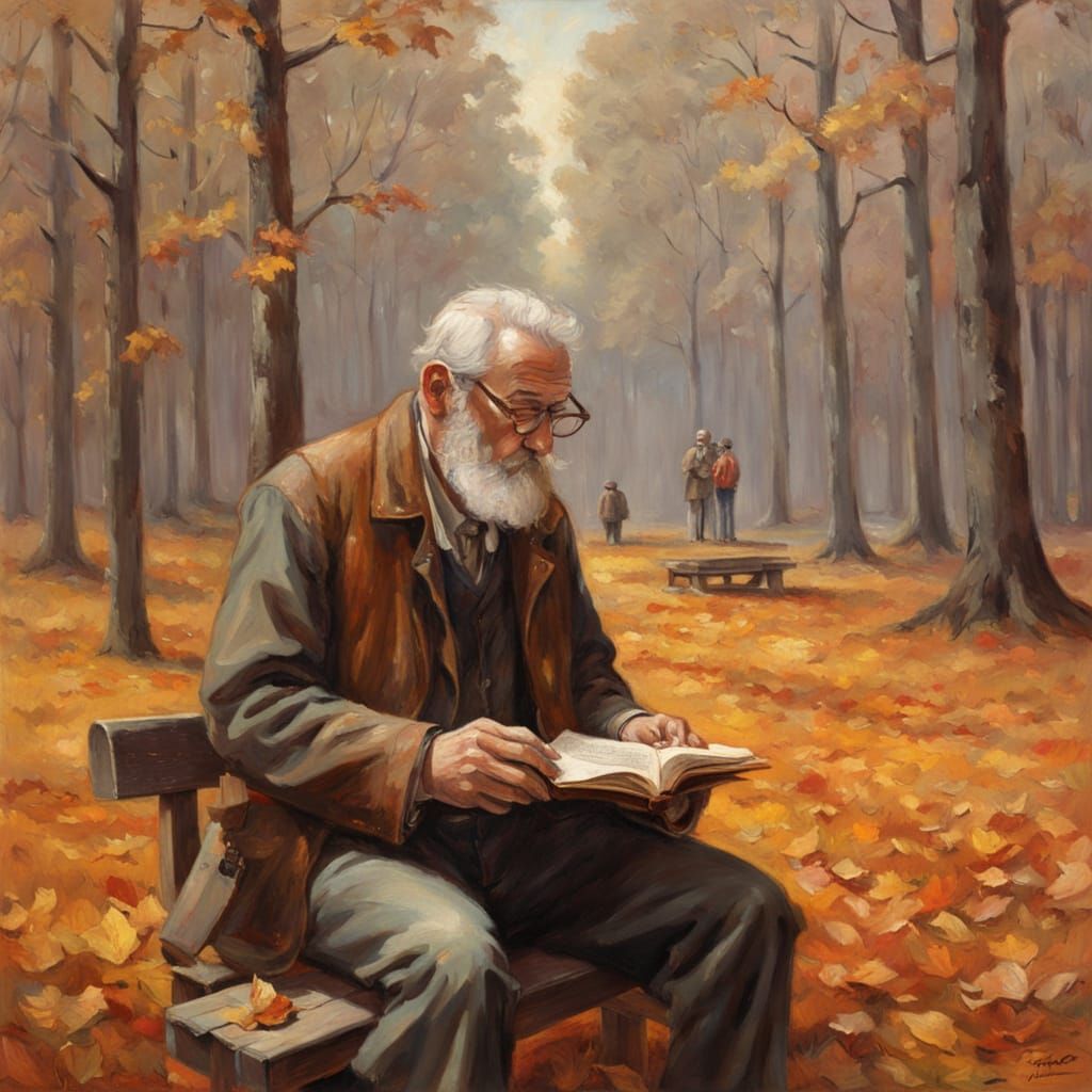 Old Man Reading in Autumn Forest, Realistic Digital Painting