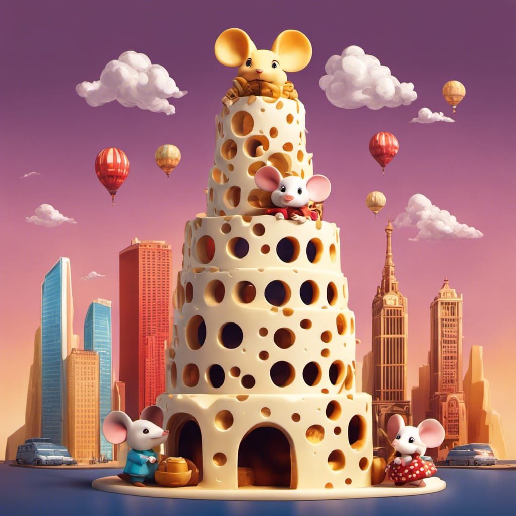 Swiss Cheese Skyscraper with Chibi Mice, Hyperrealistic Art