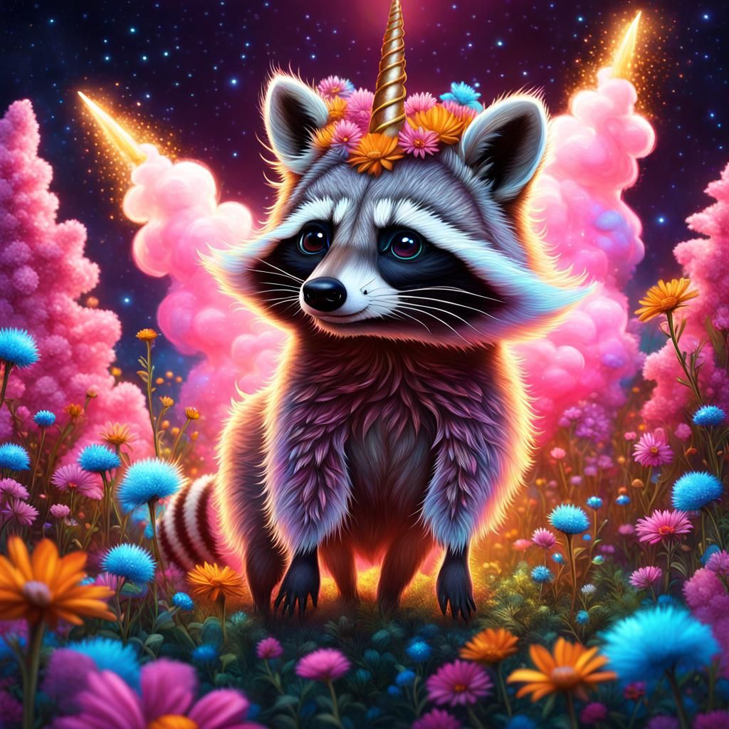 Mystical Raccoon Unicorn in Neon Flower Field