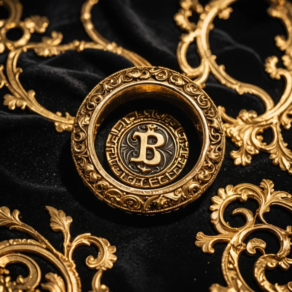 Golden Baroque Qtcoin Ring on Velvet