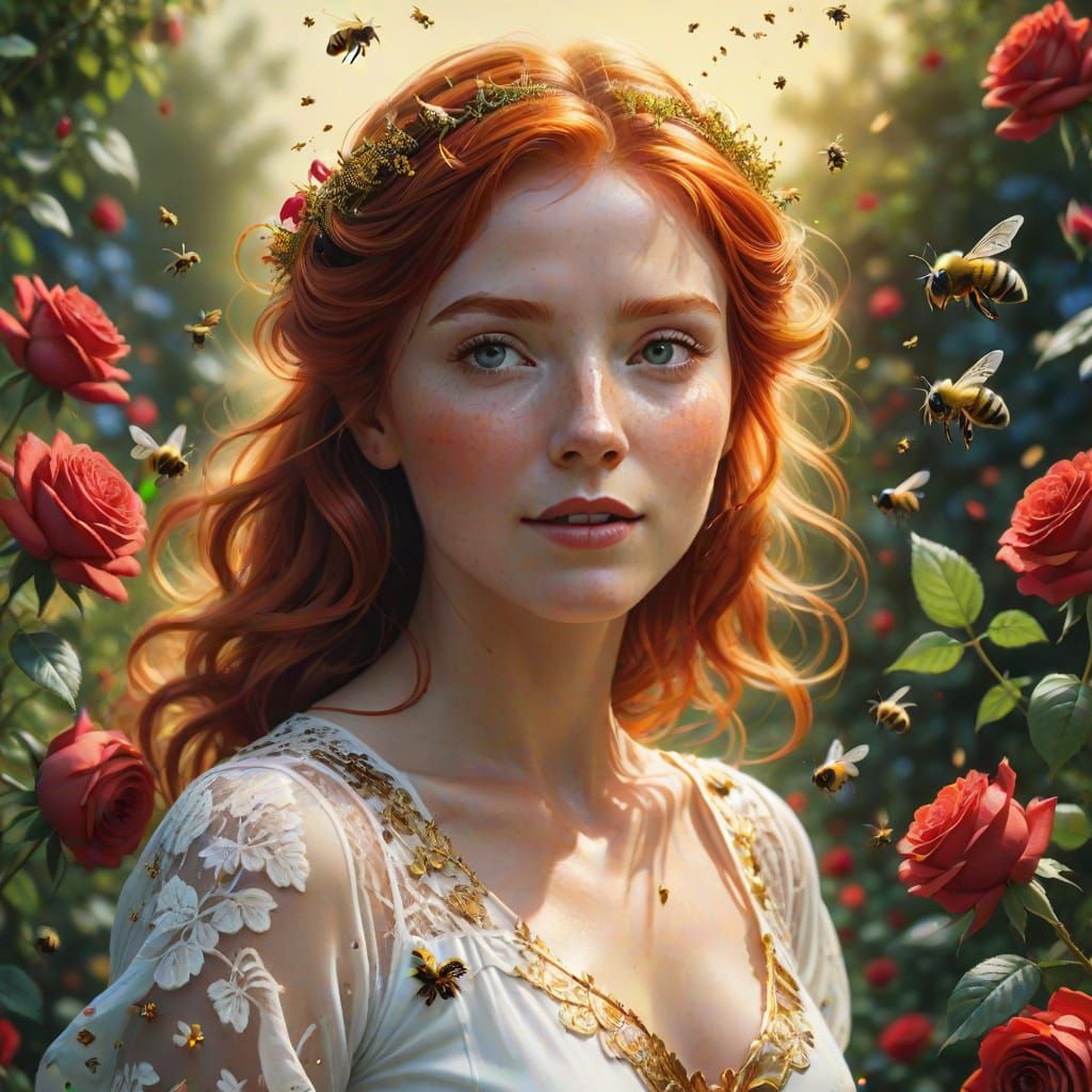Ethereal Redheaded Beauty Dances with Bees in Vibrant Spring...