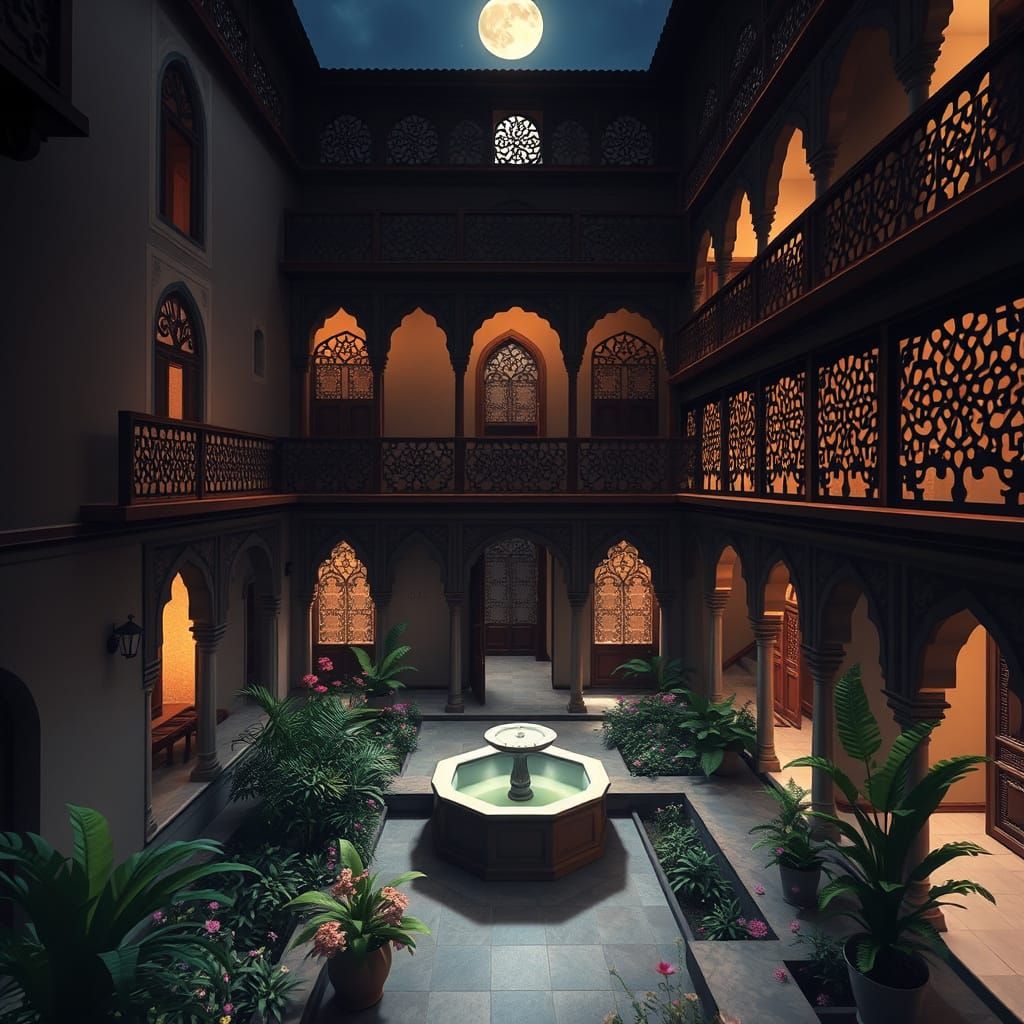 Traditional Arab House at Nighttime with Serene Courtyard