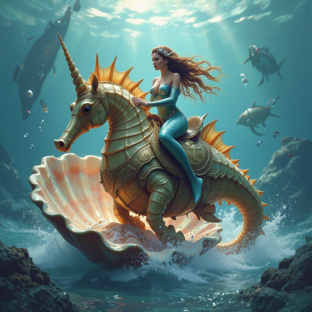 Armored Seahorse and Mermaid in Epic Aquatic Battle