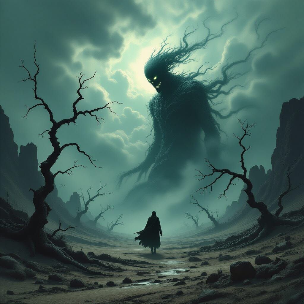 Solitary Figure in Desolate Valley Under Ominous Sky