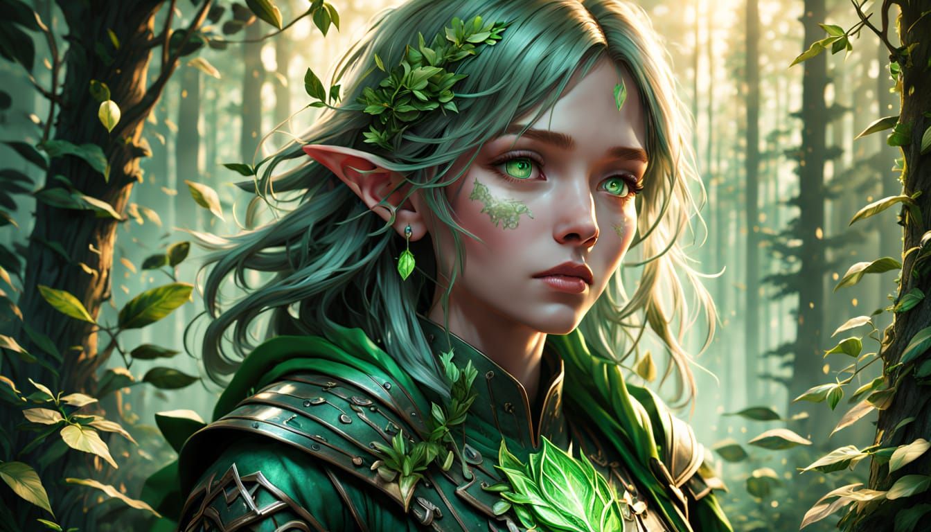 Ethereal Green Elf Maiden in Whispers of the Mystic Forest