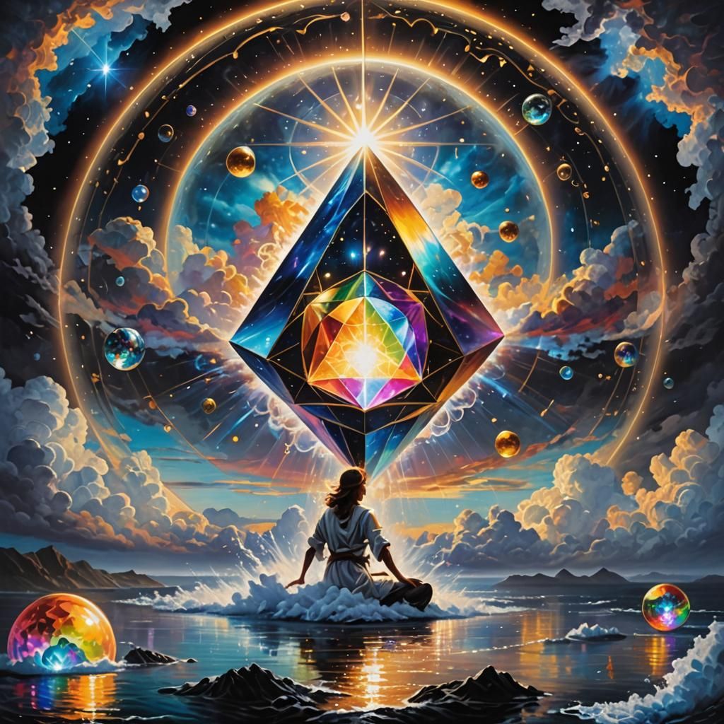 Iridescent Hedron Lounging on Cloud in Divine Sky