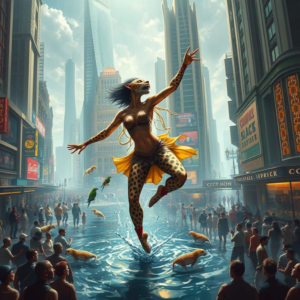 Leopard Rain Dancer in Flooded Cityscape, Roger Dean Style