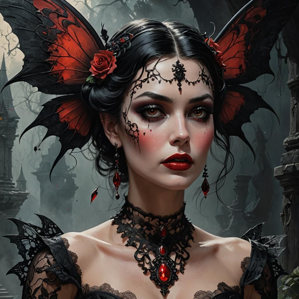 Gothic Fairy with Red Lipstick in Detailed Matte Painting