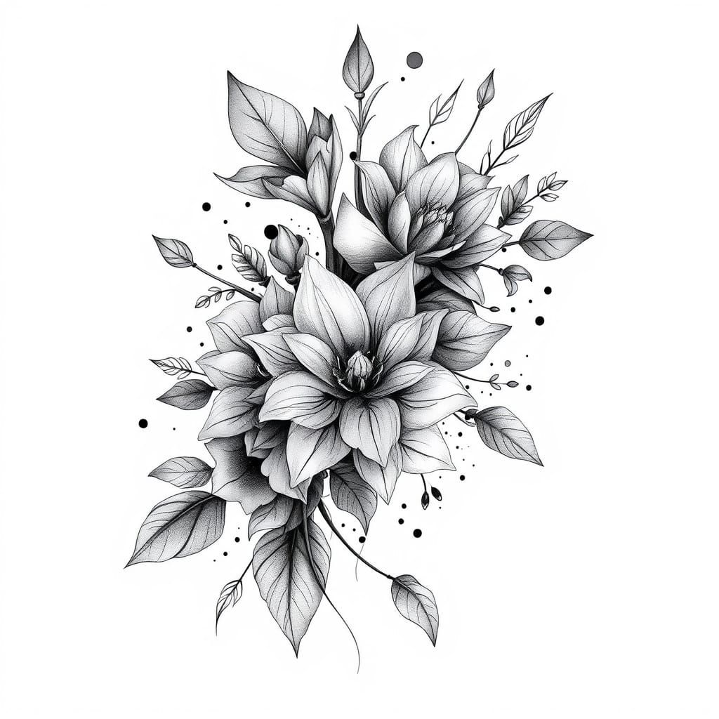 Futuristic Floral Tattoo Design in Grayscale