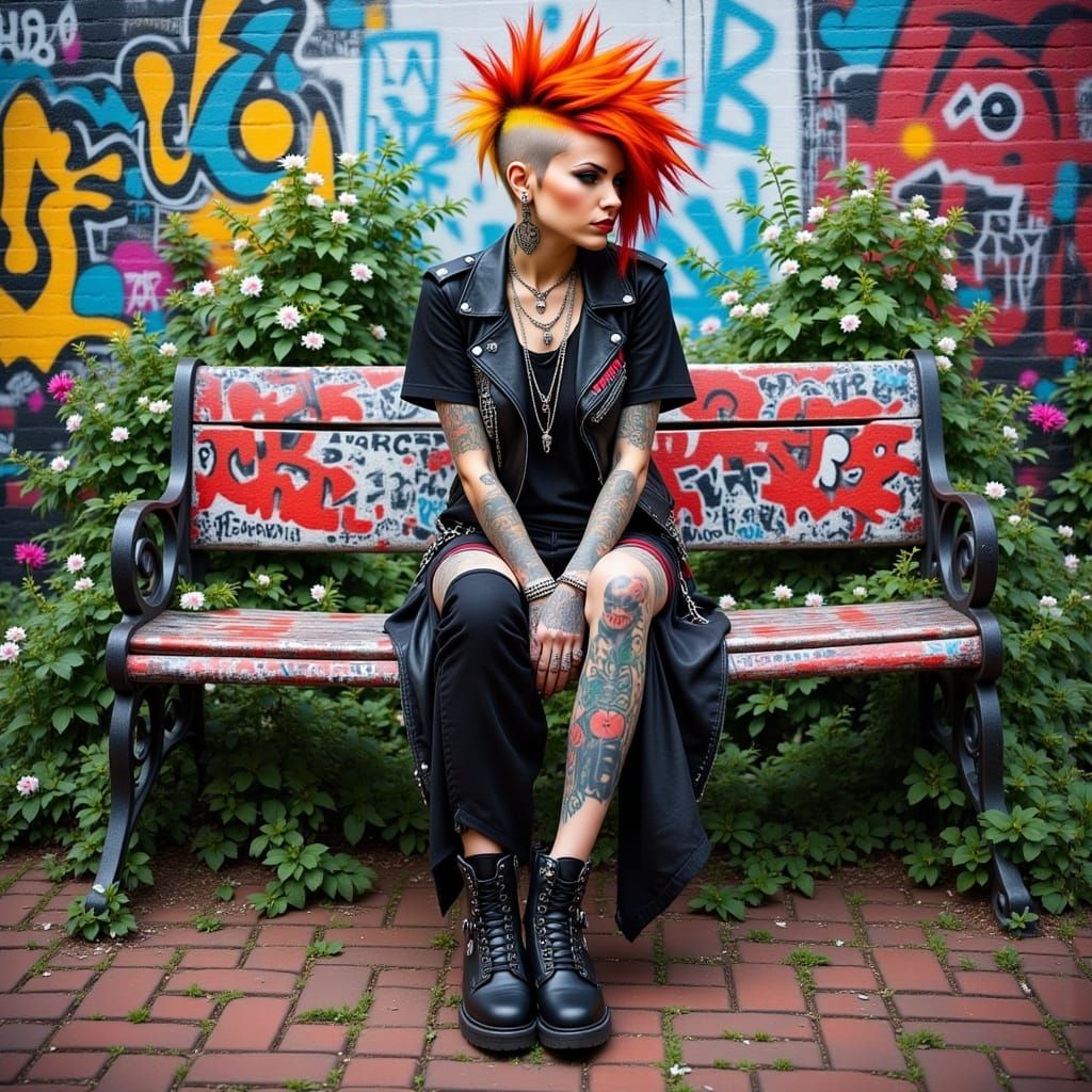 Punk Woman on Park Bench Impasto Oil Painting