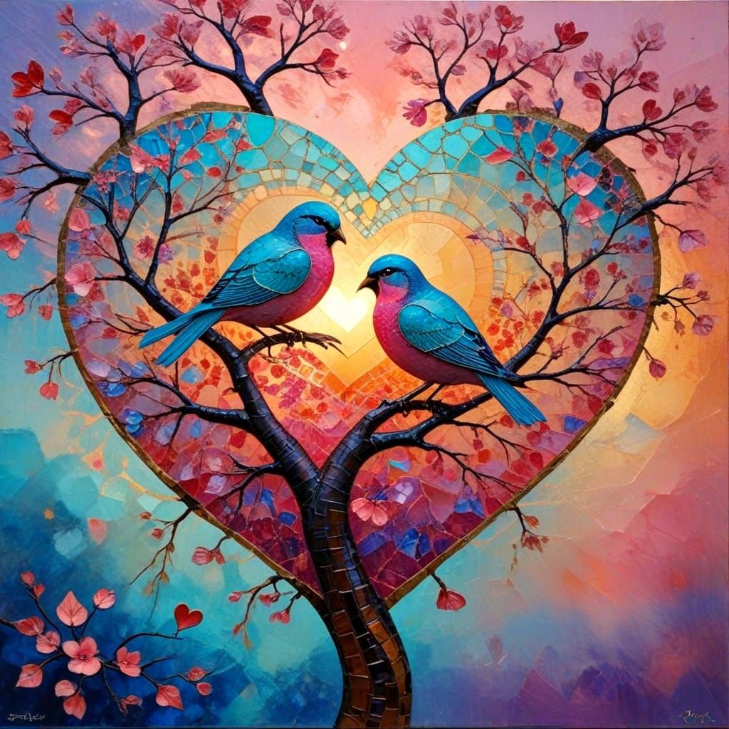 Romantic Mosaic Birds in a Sunset Tree