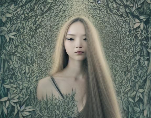 Elegant Etching of Woman with Flower in Forest