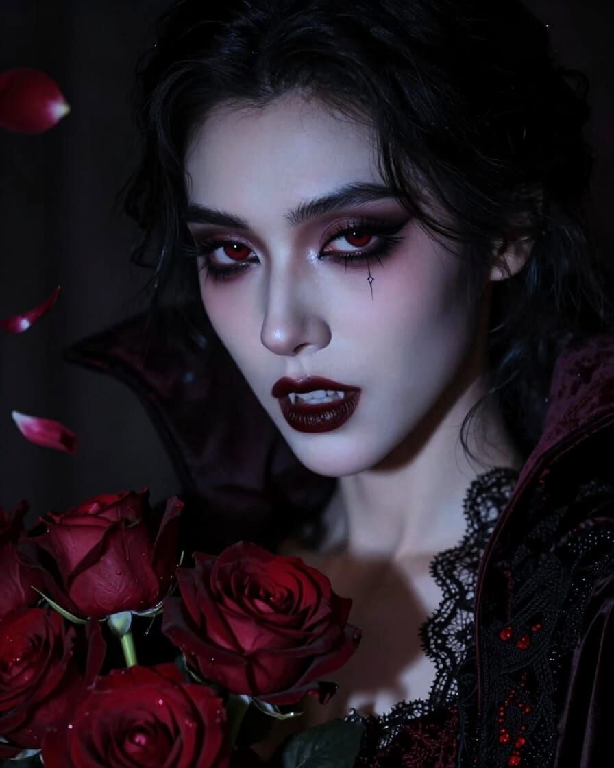 Mysterious Vampire Woman with Melancholy Eyes in Dark Fantas...