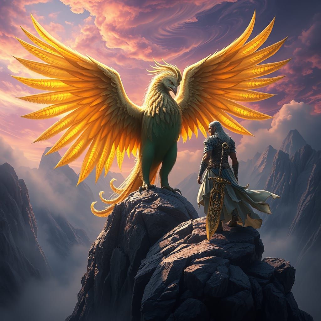 Majestic Simorgh and Hero Zal in Fantastical Landscape