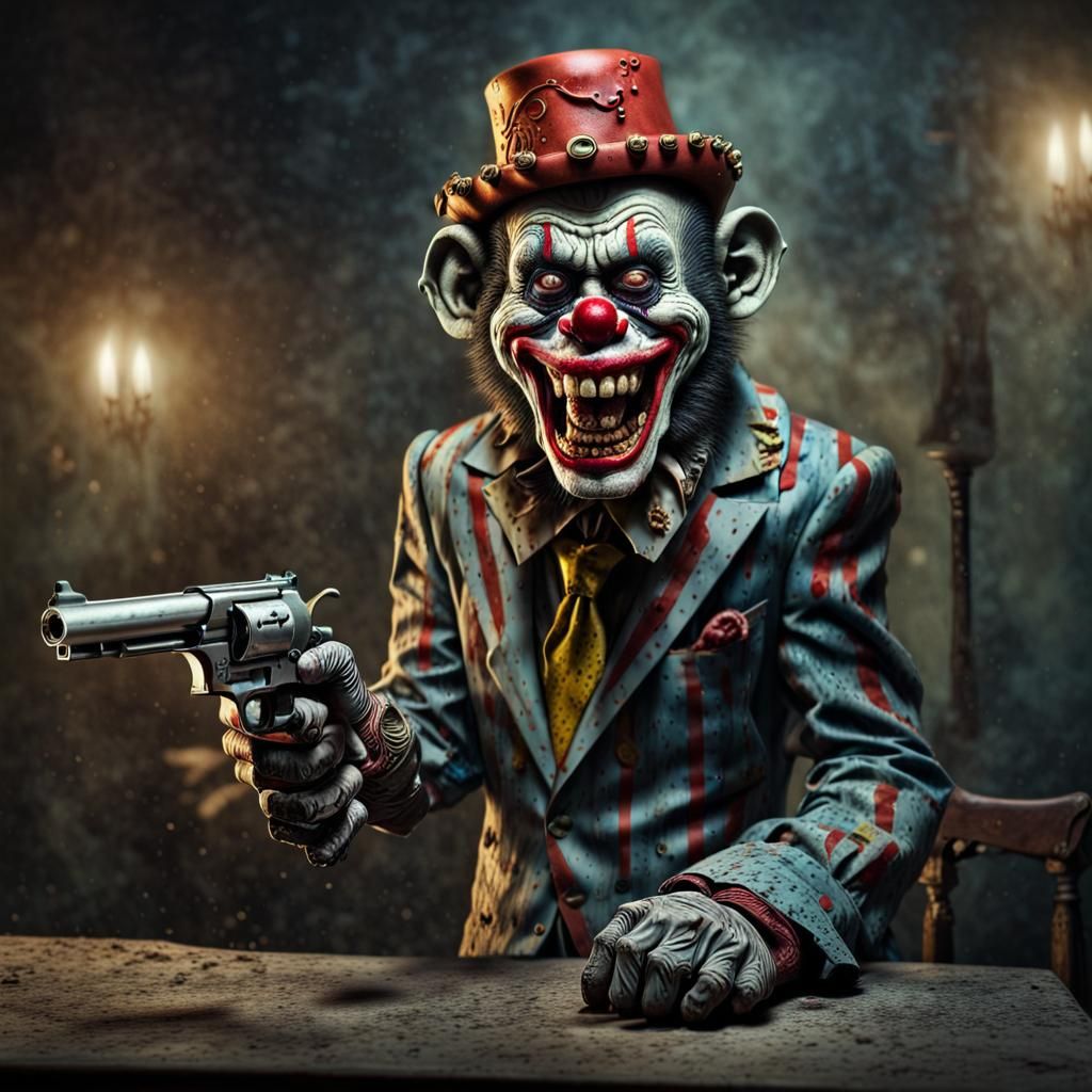 Hyperrealistic Zombie Monkey Clown with Revolver