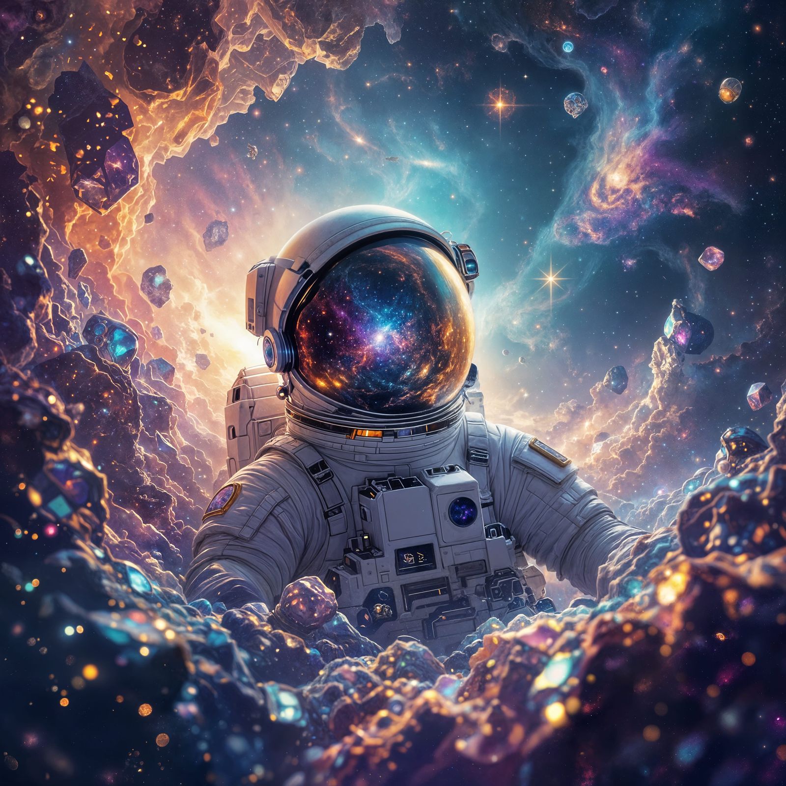 Astronaut Adrift in Gemstone Nebula Reflecting Galaxies