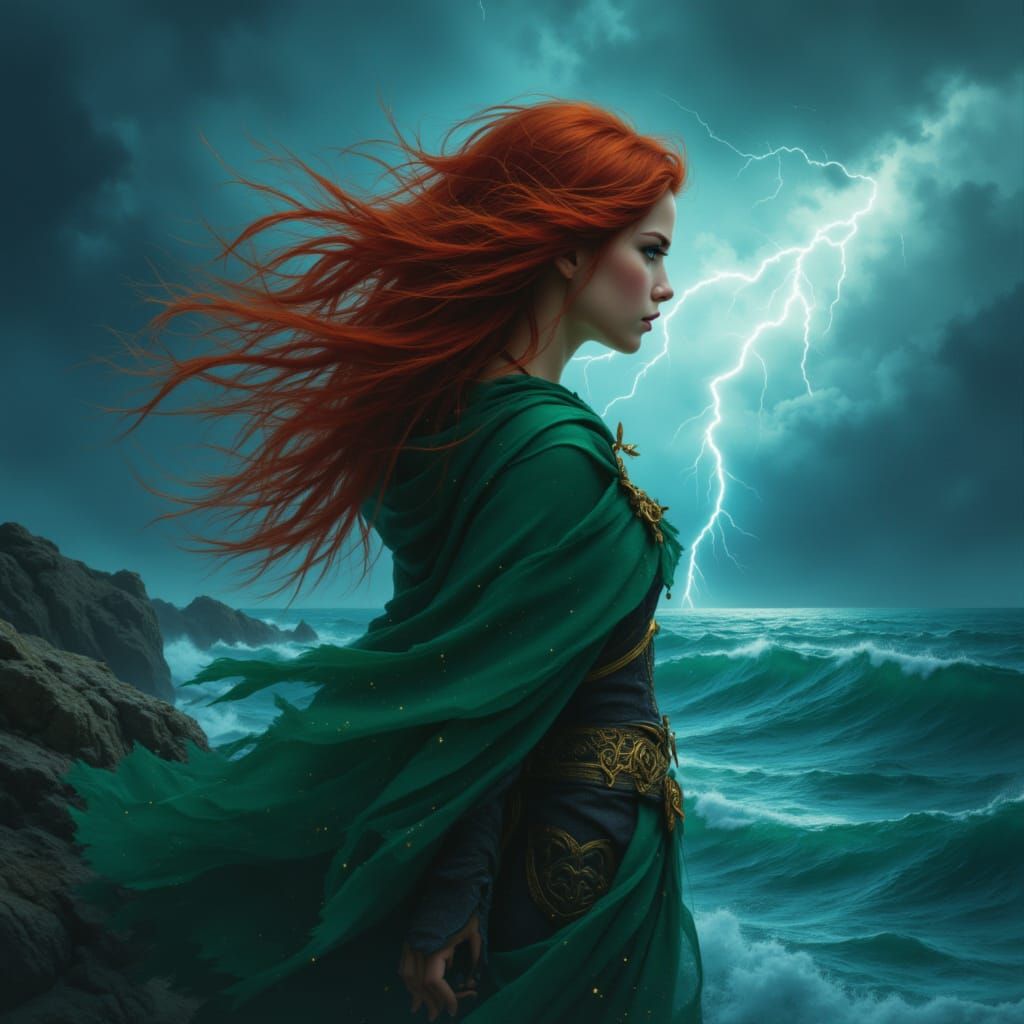Red-Haired Adventurer Overlooking Stormy Ocean