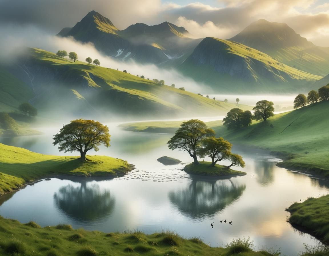 Lone Oak Tree Island in Misty Valley