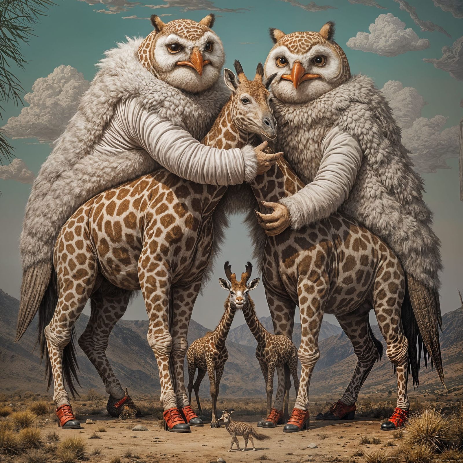Gigantic Owl Clowns Embrace Giraffe in Dan Mumford Style
