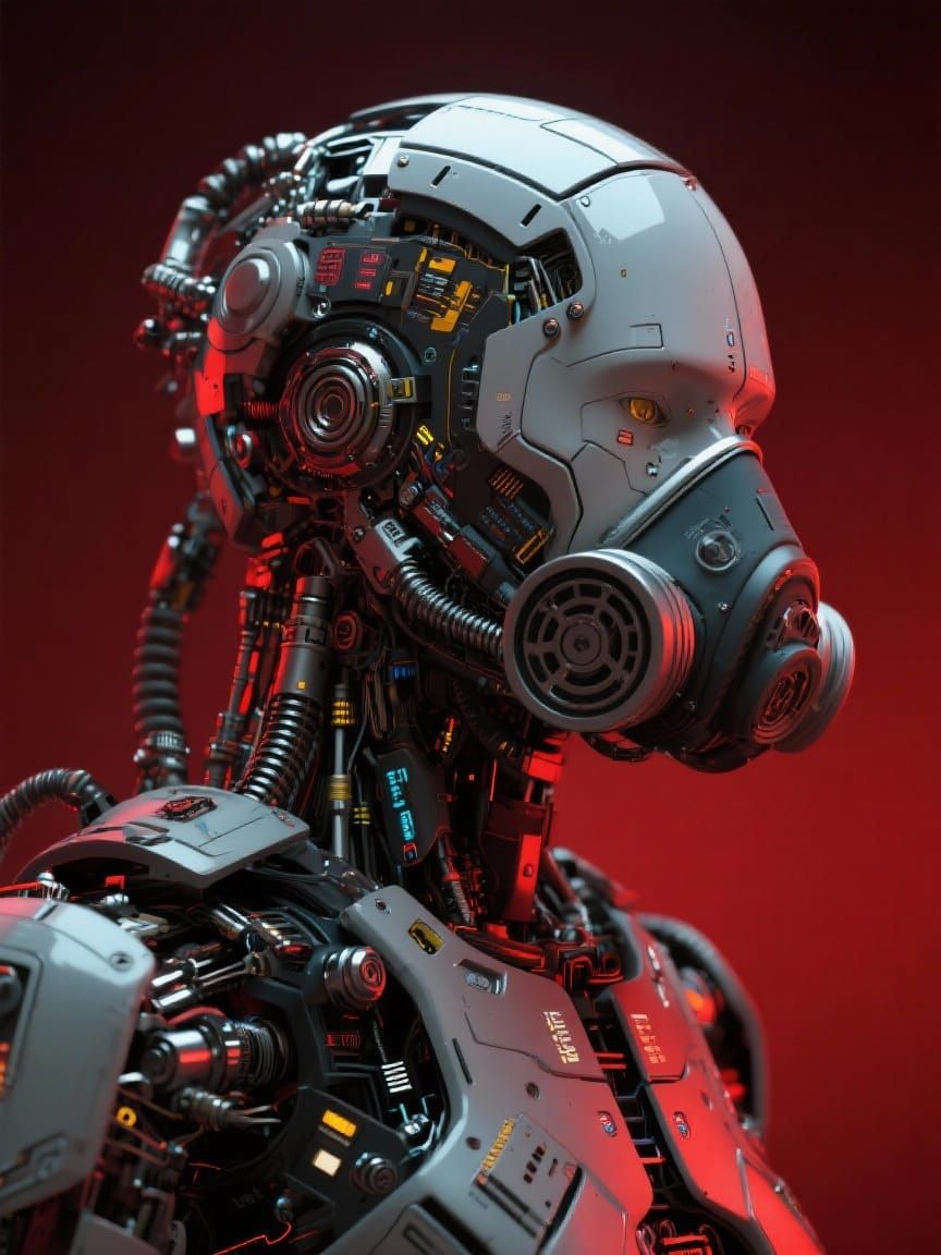 Futuristic Robot Portrait with Gas Mask and Pistons