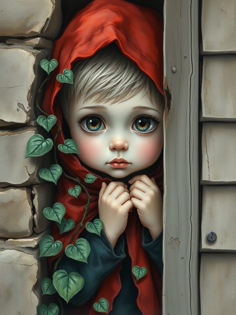 Child in Tattered Cloak Peeking Through Cracked Wall