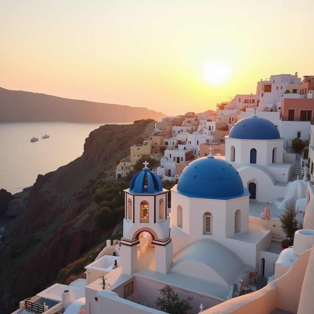 Greek Island Village at Sunset: Photorealistic Coastal Scene