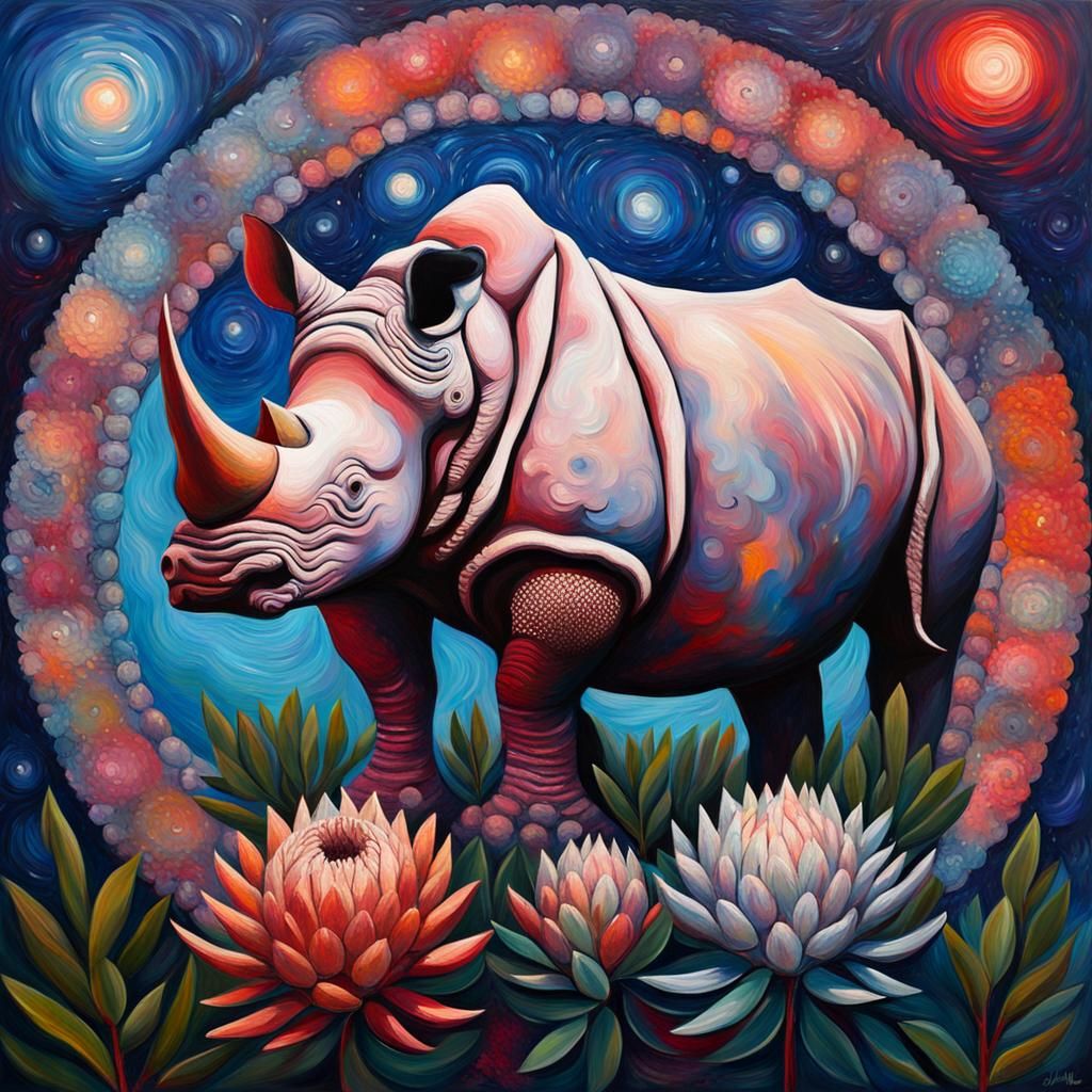Rhino and Protea Mandala in Expressionist Galaxy