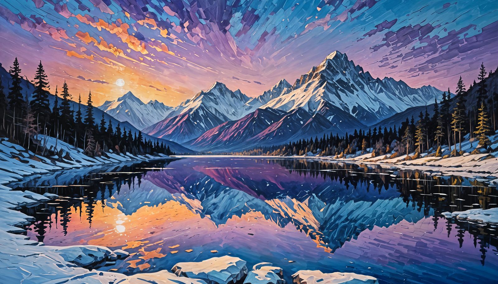 Snow Mountain Twilight Impasto Painting