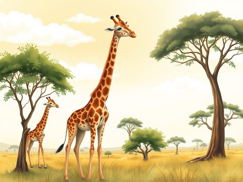 Giraffes in Lush Savannah Landscape, in Vintage Watercolor S...