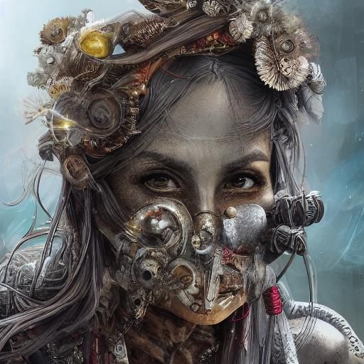 Night Elf Woman on Sunset Beach in Steampunk Style