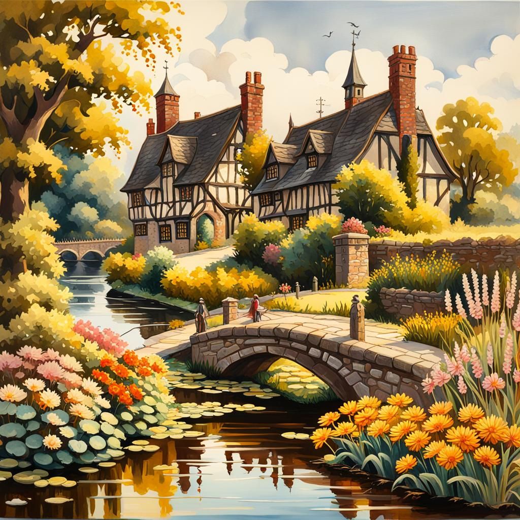 Idyllic English Village with Chrysanthemum Garden in Gouache
