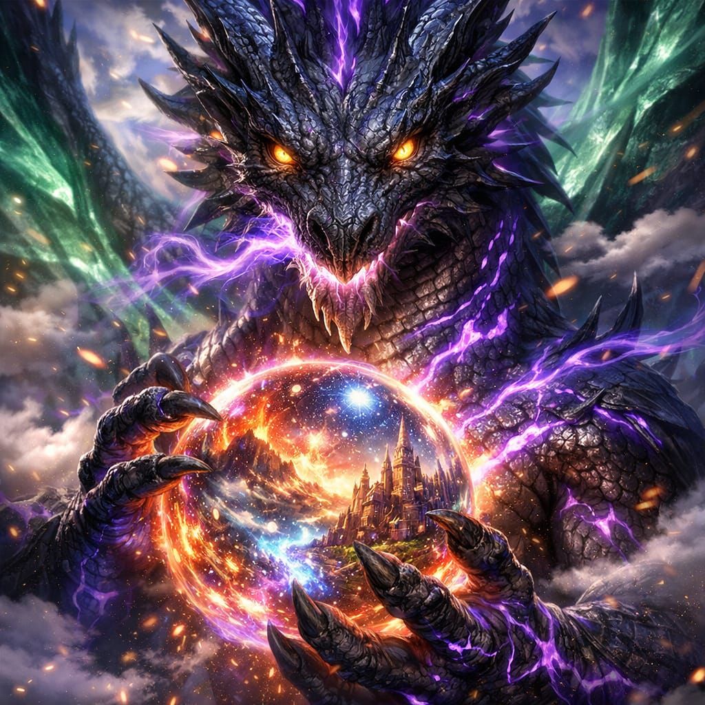 Mythical Dragon with Radiant Core in Double Exposure