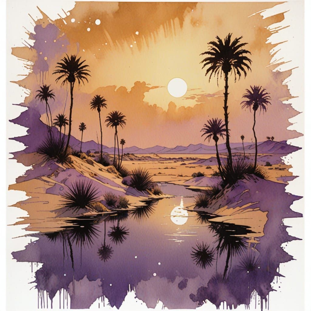 Desert Oasis Mirage in Mixed-Media Collage Style