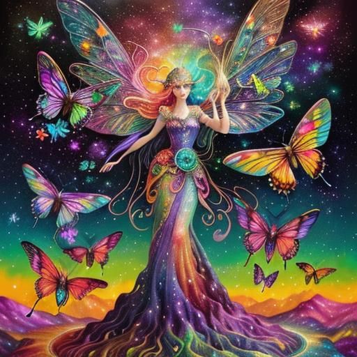 Rainbow Fairies Circle Fire Opal Statue in Art Nouveau Style