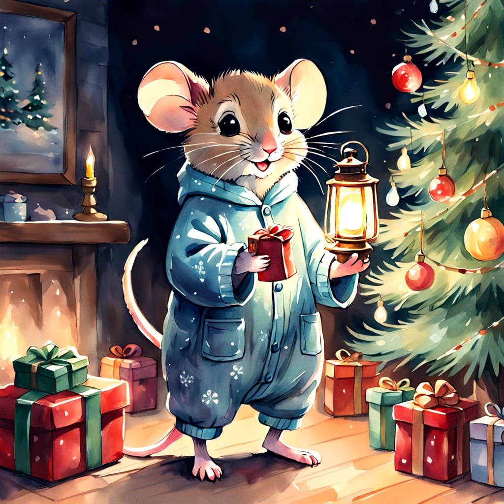 Surprised Mouse in Pajamas with Lantern, Watercolor Sketch