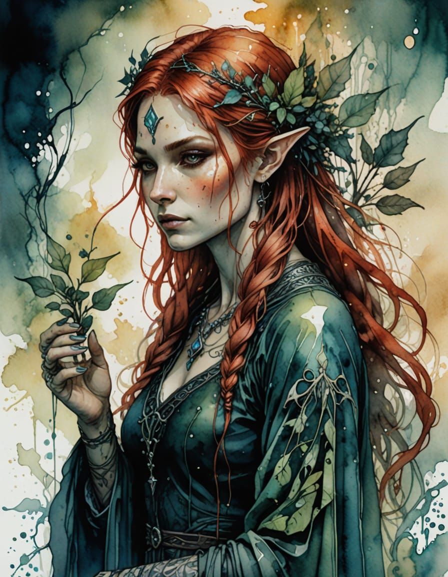 Red Haired Elven Sorceress With Healing Plants