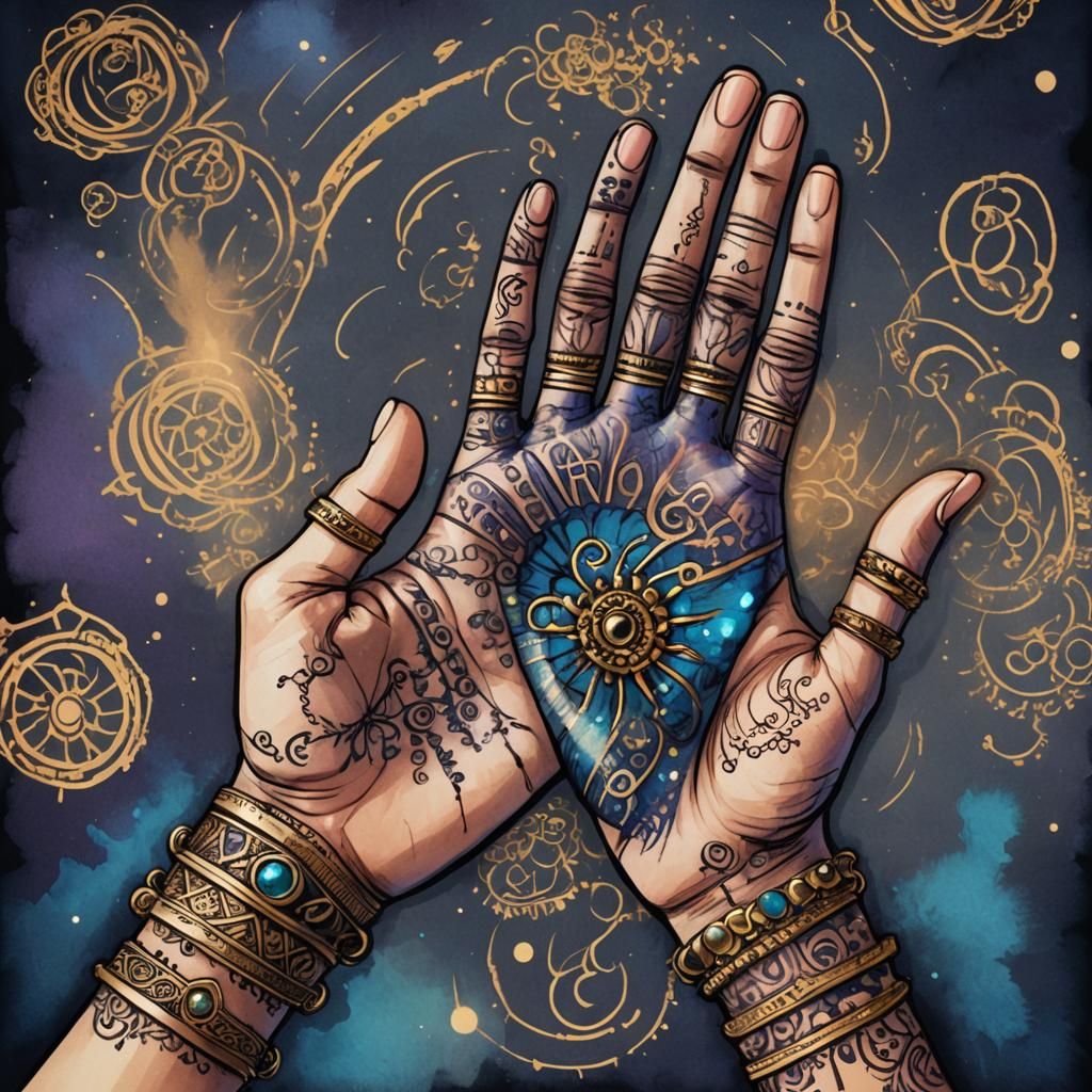 Ornate Anime Hand of Fate with Gemstone Rings