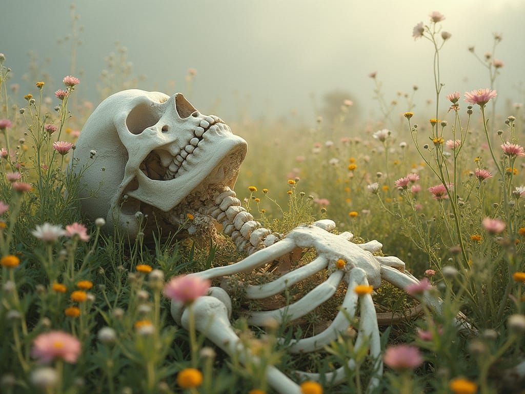 Skeleton Surrounded by Vibrant Wildflowers in Lush Spring Fi...
