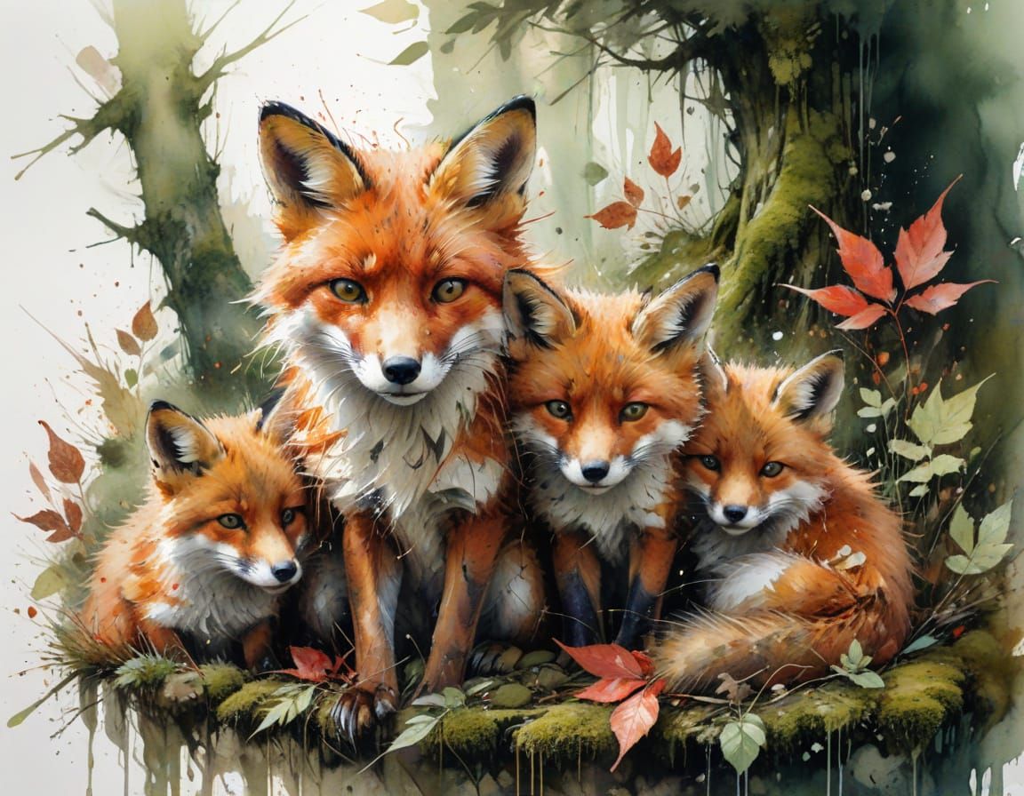 Fox Family in Mossy Den: Watercolour Art