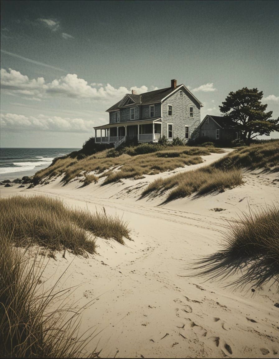 Surreal Beach House Etching in Expressionist Style