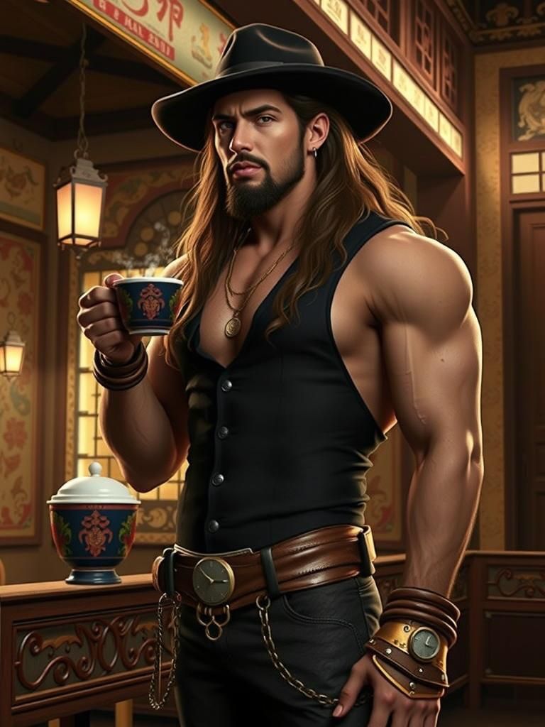 Handsome Man Drinking Coffee in Steampunk Renaissance Style