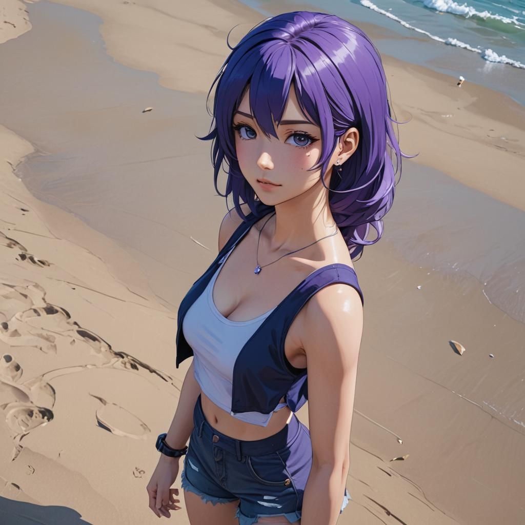 Cute Anime Girl in Blue Tank Top at Beach