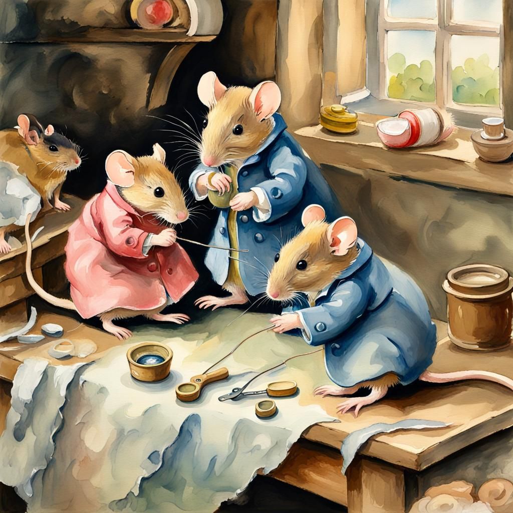 Mice Sewing in Beatrix Potter Gouache Style