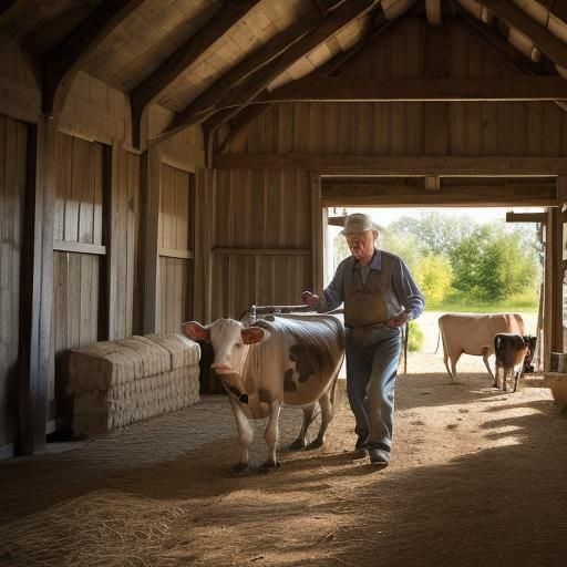 Dairy Farmer Milking Cow in Rustic Barn