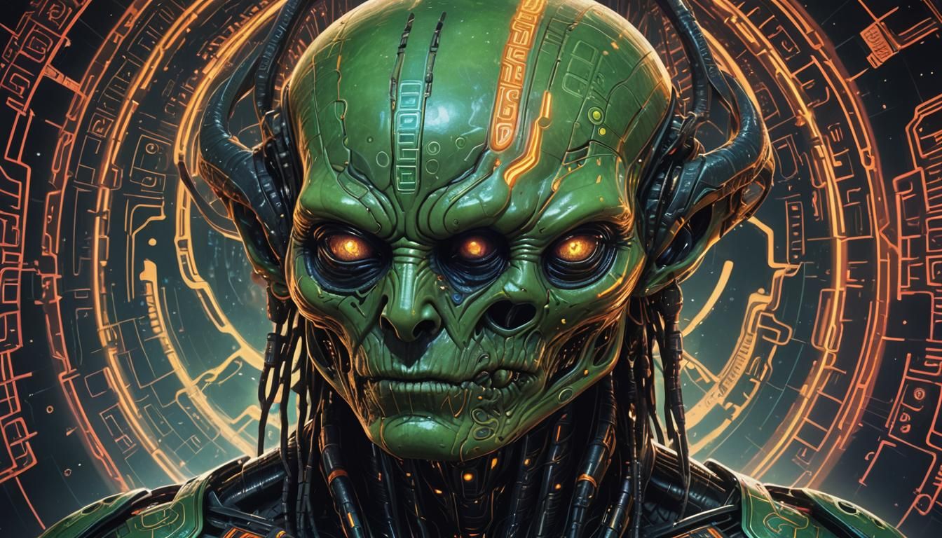 Hyperrealistic Alien Portrait with Glowing Runes
