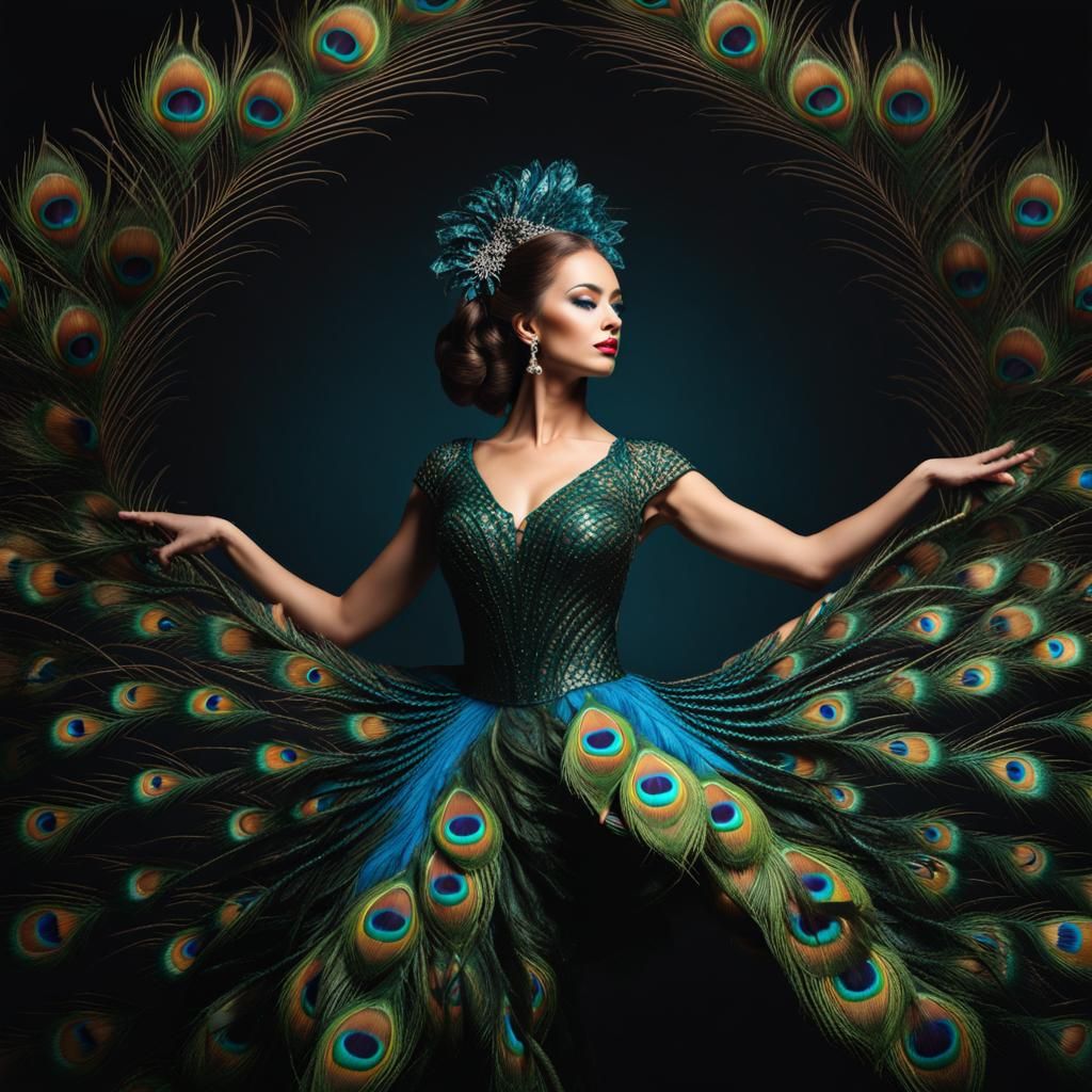 Woman in Peacock Dress Dancing: Hyper-Realistic