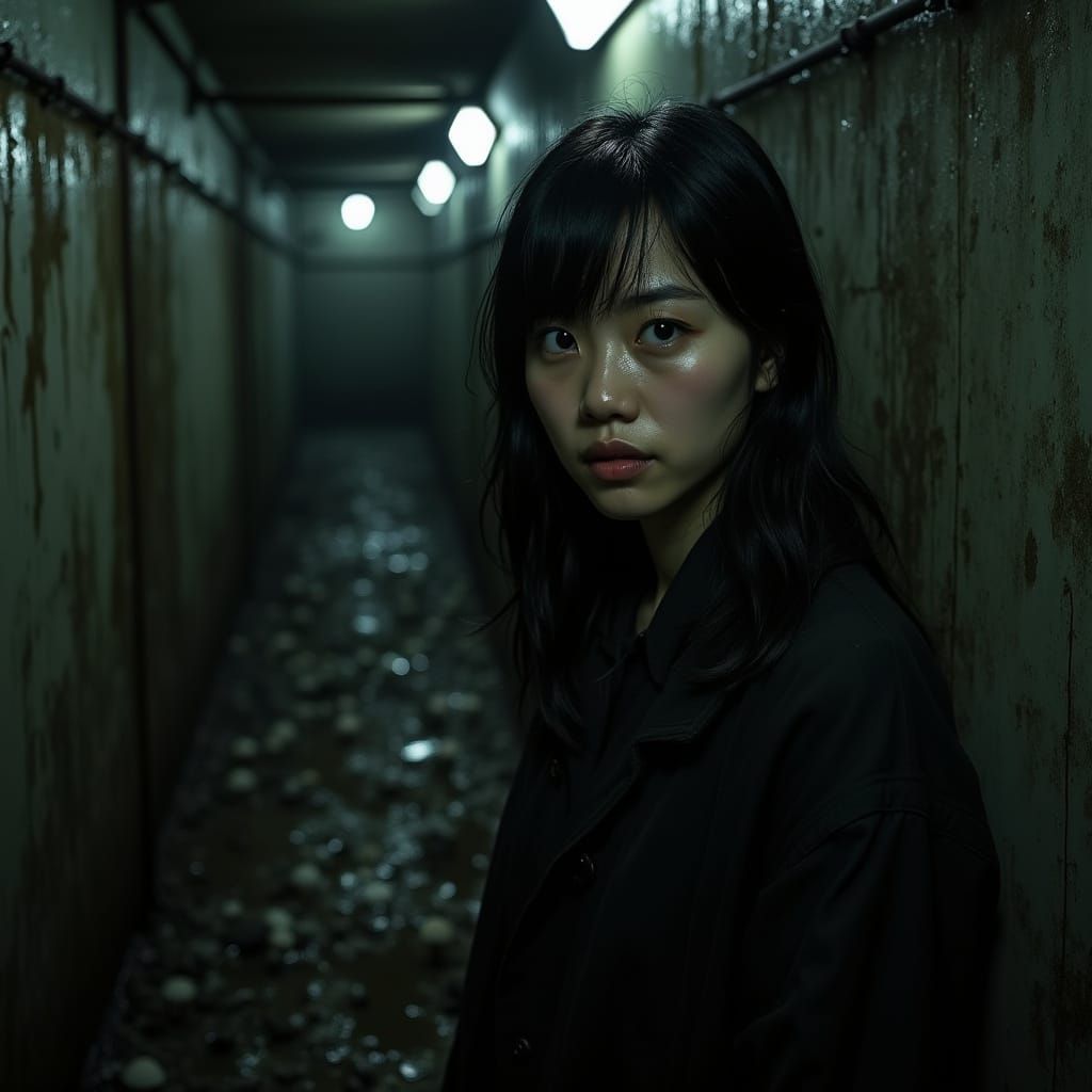 Hyperrealistic Photo of Asian Woman in Grimy Sewer