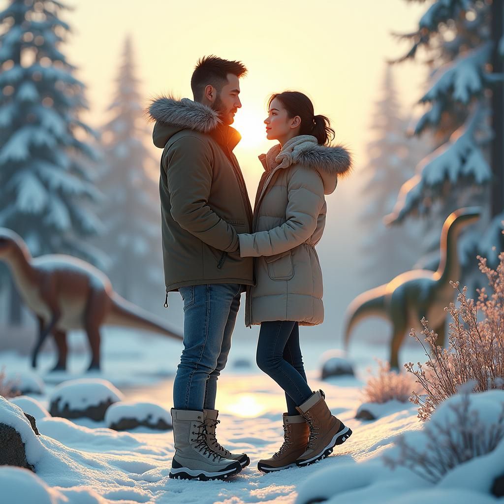 Snowy Jurassic Landscape with Stylish Couple in 8K