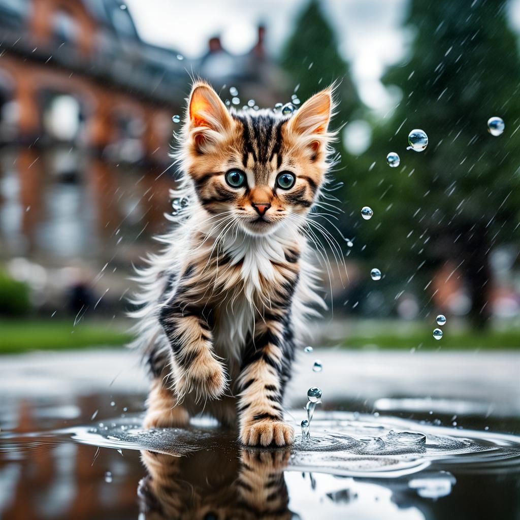 Kitten Playing in Rainy City Park: Hyperrealistic Photo